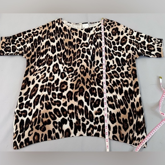 Chico's Brown Biege Leopard Cheetah Boat Neck Short Sleeve Cotton Blend Sz 1 (1X - Picture 4 of 9